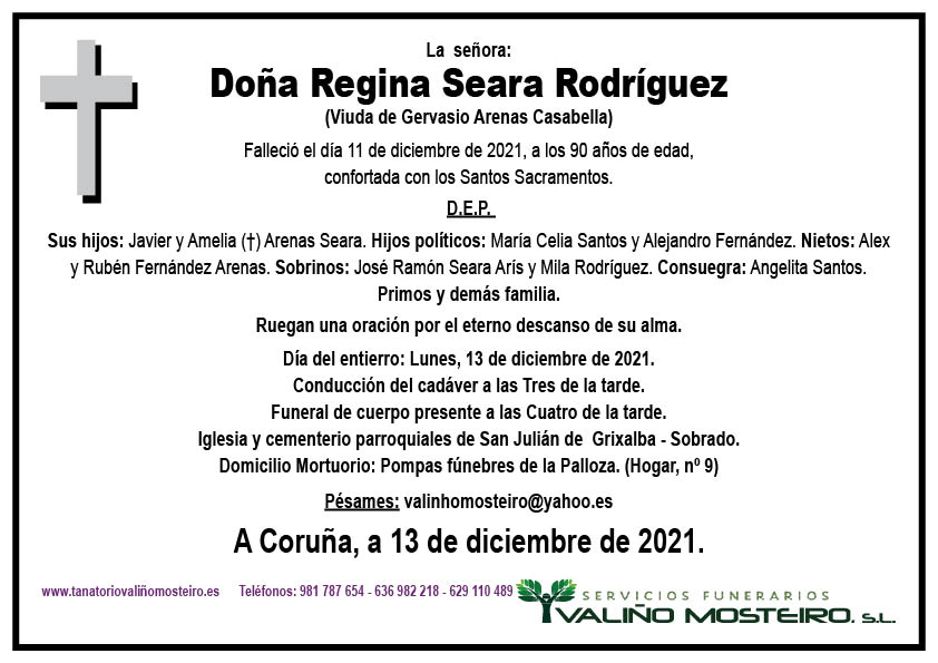 Esquela de Regina Seara Rodríguez.
